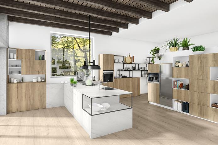 Planungsbeispiel einer offenen und hellen Küche mit Holzoberflächen
