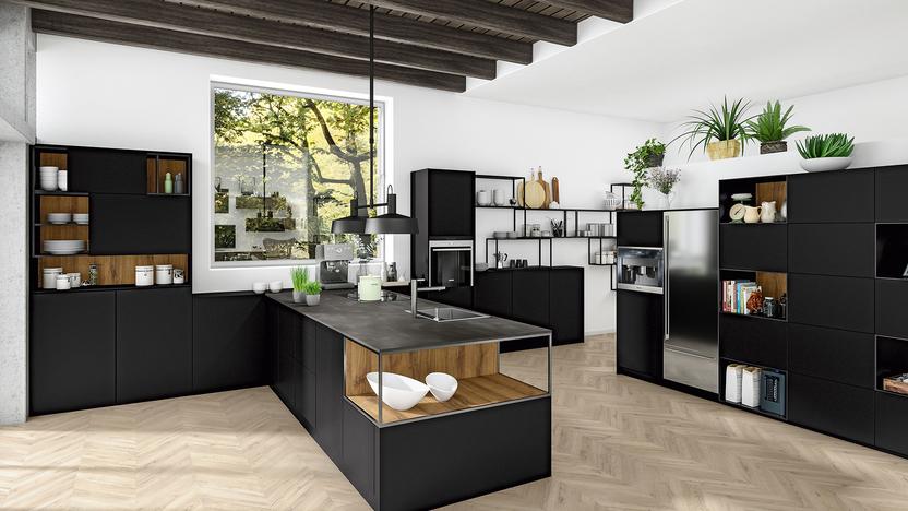 Moderne Küche in Schwarz und Insellösung