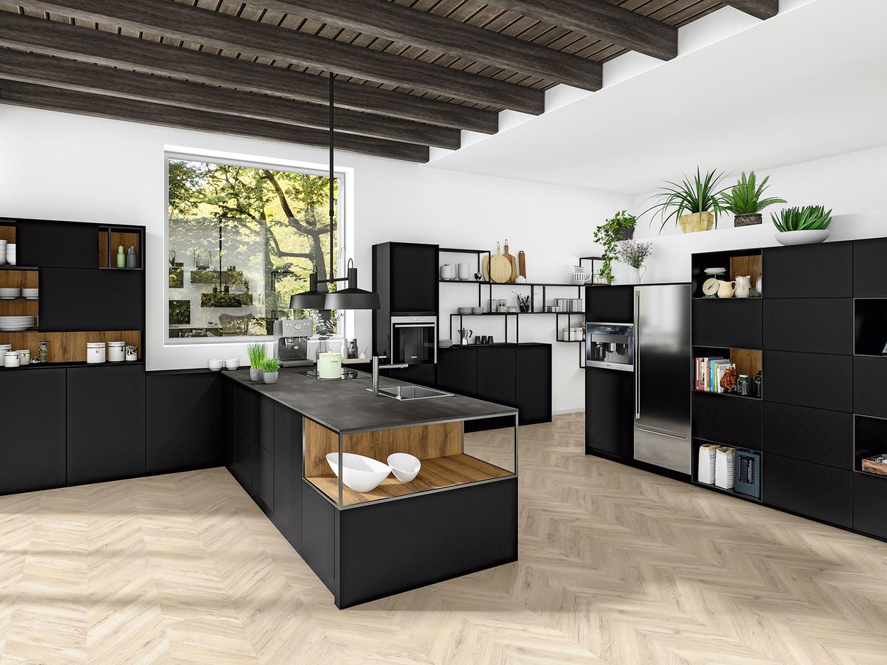Moderne Küche in Schwarz und Insellösung
